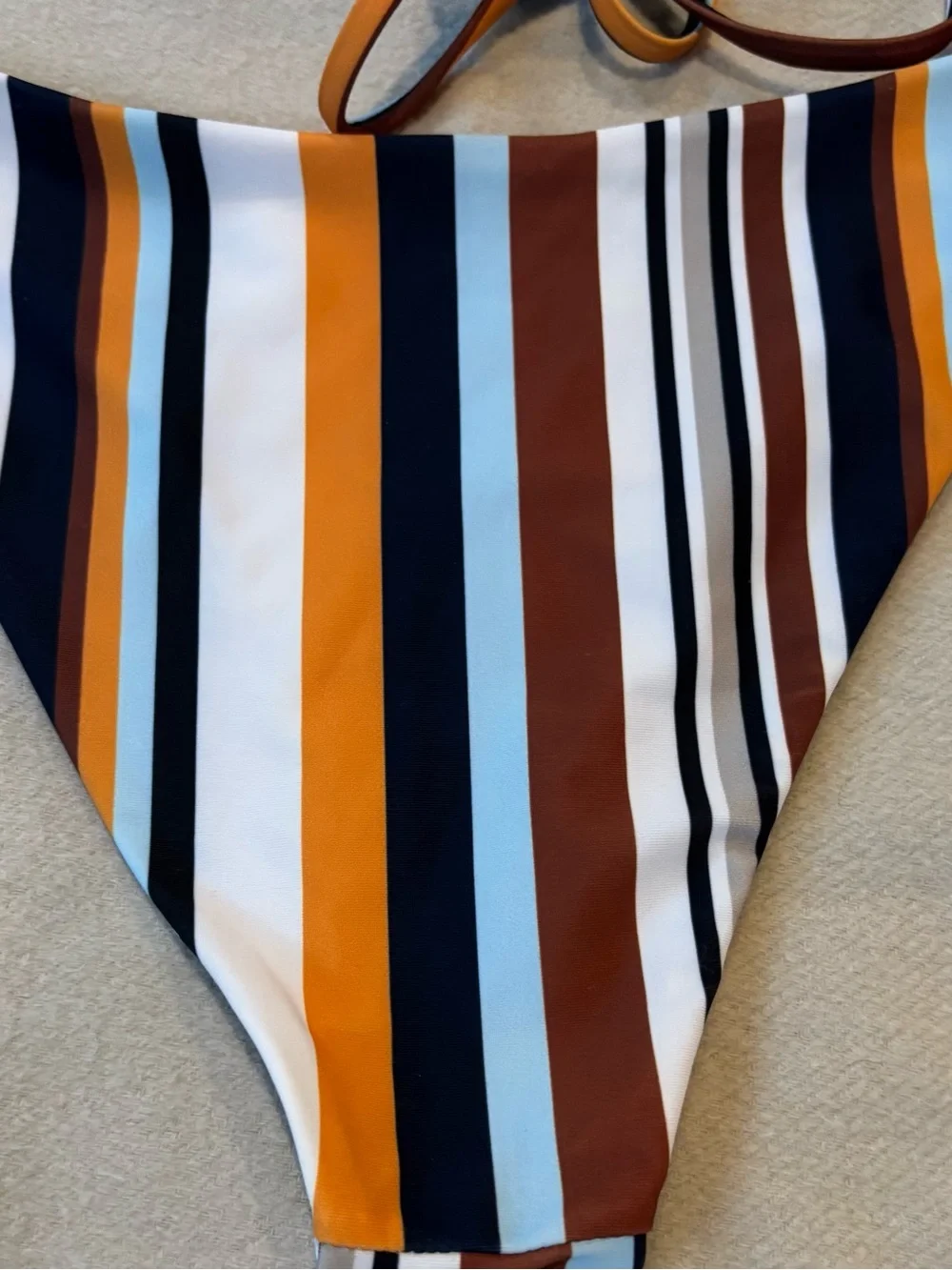 Shein Swim Striped Triangle Bikini Set in Brown, Orange, Blue & White Large